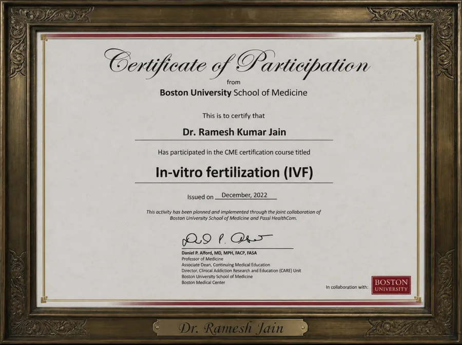 Certificate of Participation in In-vitro Fertilization (IVF) from Boston University School of Medicine, awarded to Dr. Ramesh Kumar Jain in December 2022