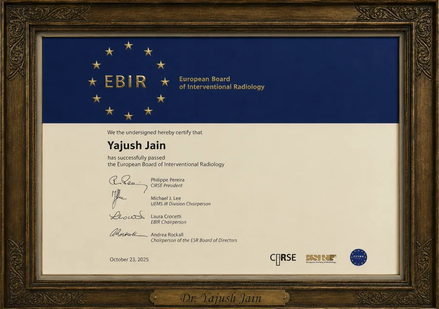 European Board of Interventional Radiology certificate certifying Yajush Jain passed the EBIR examination