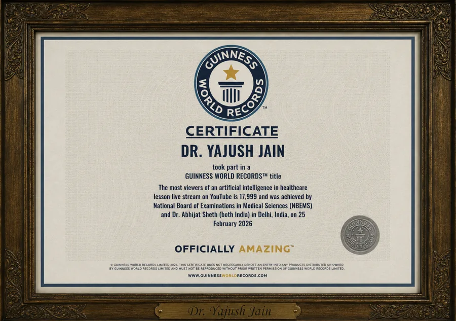 Guinness World Records certificate recognising Dr. Yajush Jain for taking part in a record title attempt